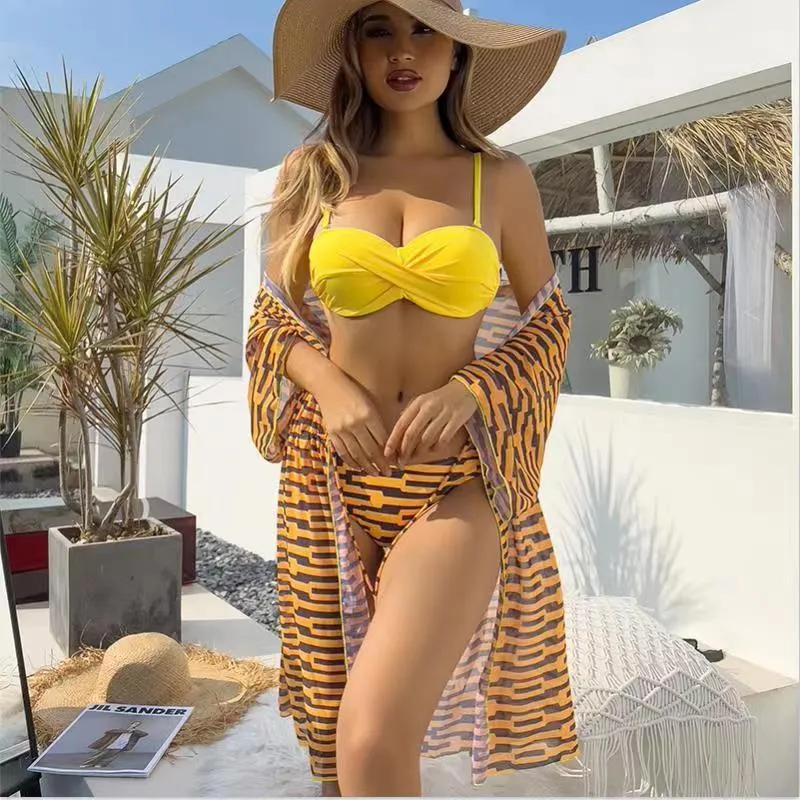 Women's striped three-piece swimsuit with mesh jacket in blue, polyester fabric, sizes S to XL