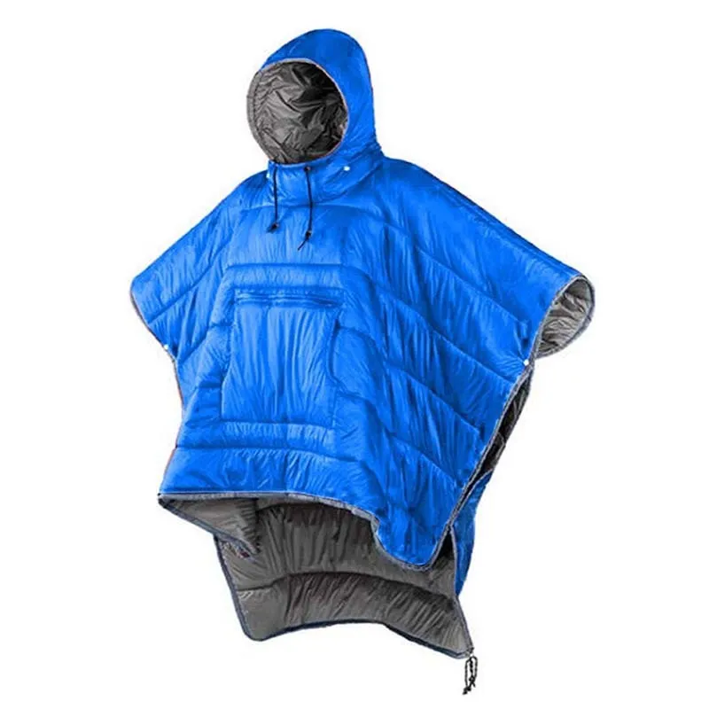 Army Green outdoor cloak sleeping bag worn as cape with 200x140cm dimensions and hollow cotton insulation