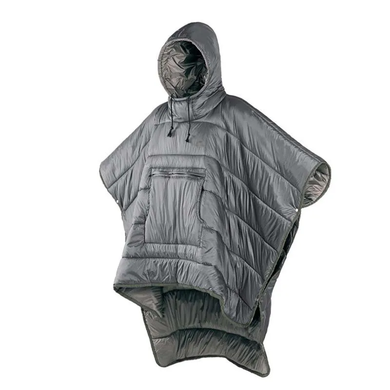Army Green outdoor cloak sleeping bag worn as cape with 200x140cm dimensions and hollow cotton insulation