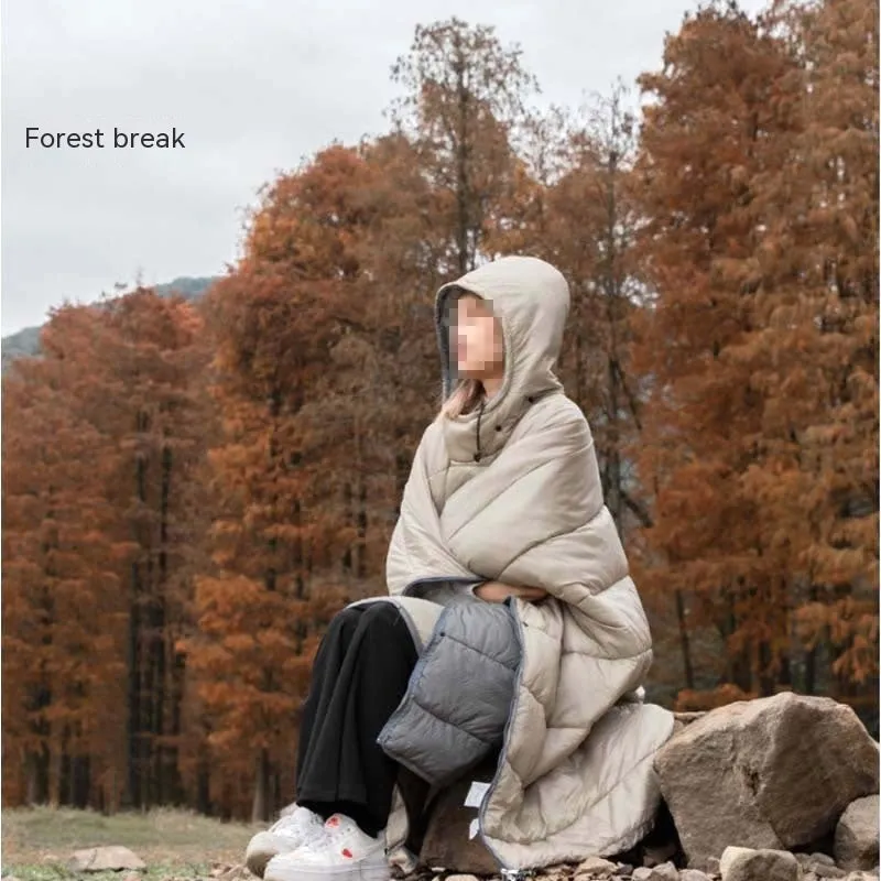 Army Green outdoor cloak sleeping bag worn as cape with 200x140cm dimensions and hollow cotton insulation