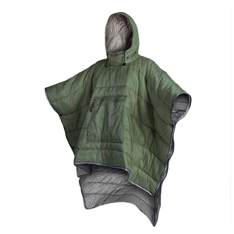 Army Green outdoor cloak sleeping bag worn as cape with 200x140cm dimensions and hollow cotton insulation