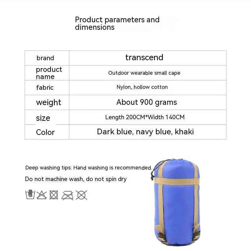 Army Green outdoor cloak sleeping bag worn as cape with 200x140cm dimensions and hollow cotton insulation