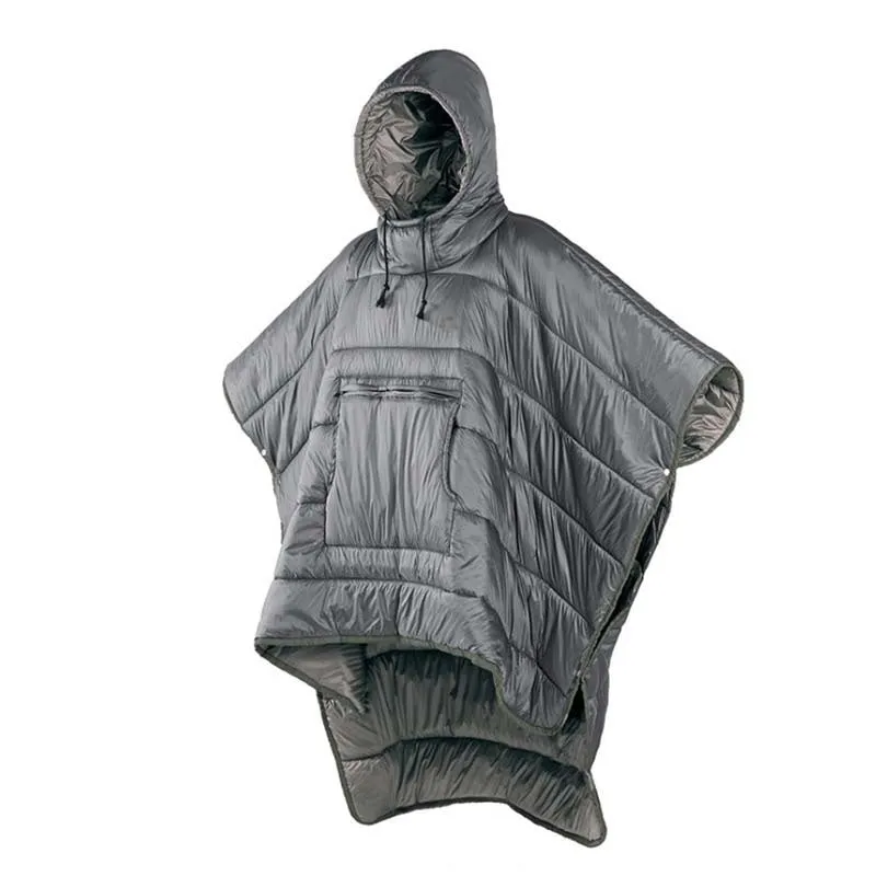 Army Green outdoor cloak sleeping bag worn as cape with 200x140cm dimensions and hollow cotton insulation