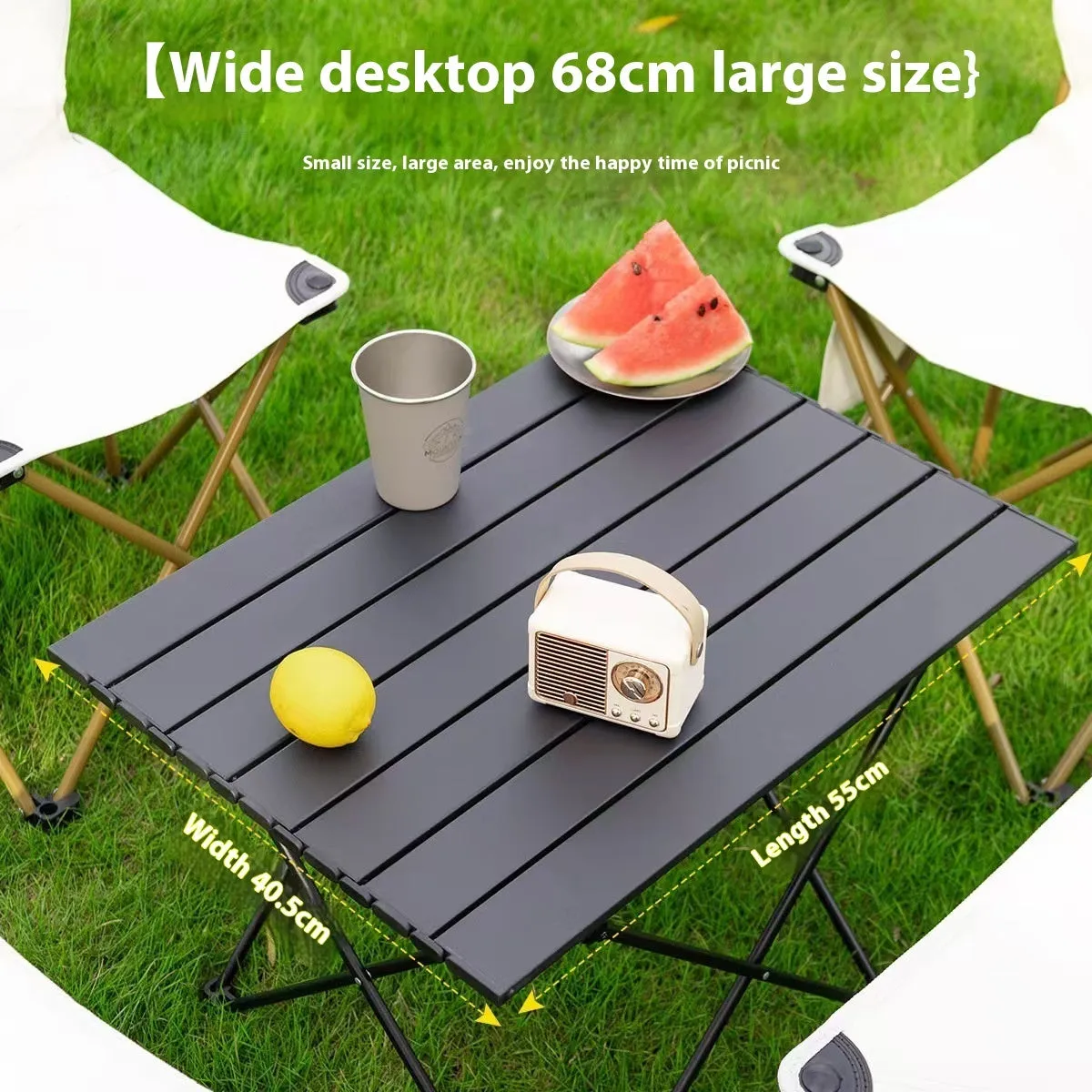 Ultralight aluminium alloy folding table in black carbon steel finish, folded flat for storage