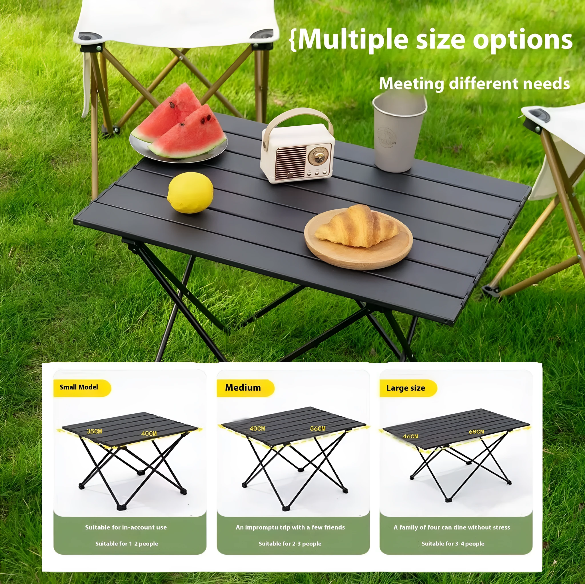 Ultralight aluminium alloy folding table in black carbon steel finish, folded flat for storage