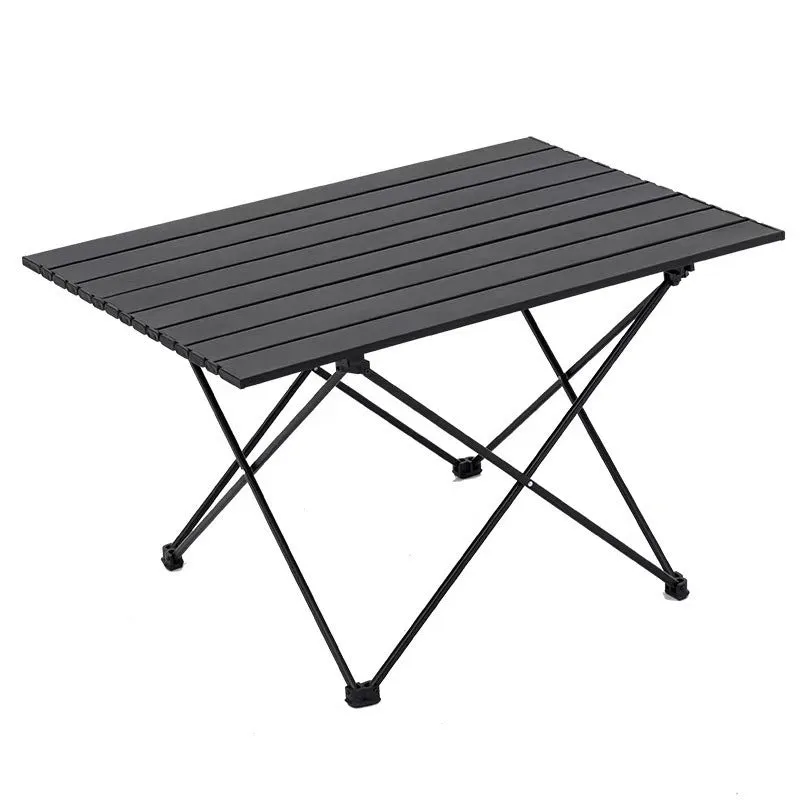 Ultralight aluminium alloy folding table in black carbon steel finish, folded flat for storage