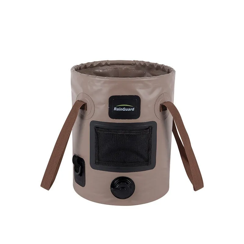Folding fishing bucket in lemon yellow colour showing collapsed and expanded positions with mesh pocket