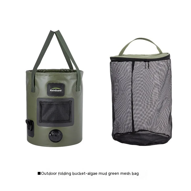 Folding fishing bucket in lemon yellow colour showing collapsed and expanded positions with mesh pocket