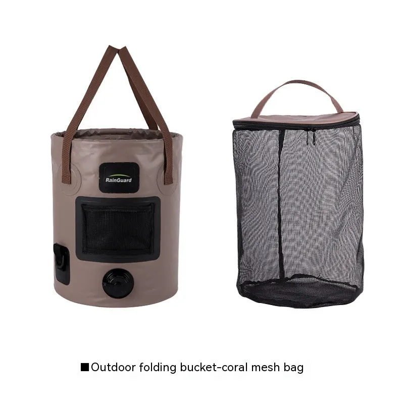 Folding fishing bucket in lemon yellow colour showing collapsed and expanded positions with mesh pocket