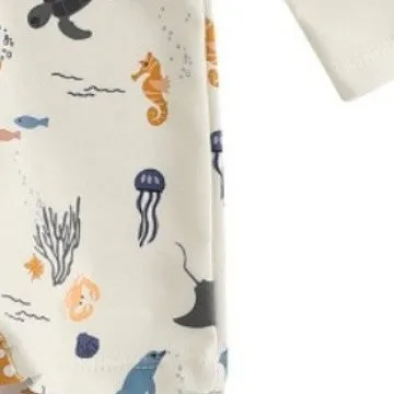 Boys one-piece long sleeve polyester swimsuit with hat in light blue cartoon pattern