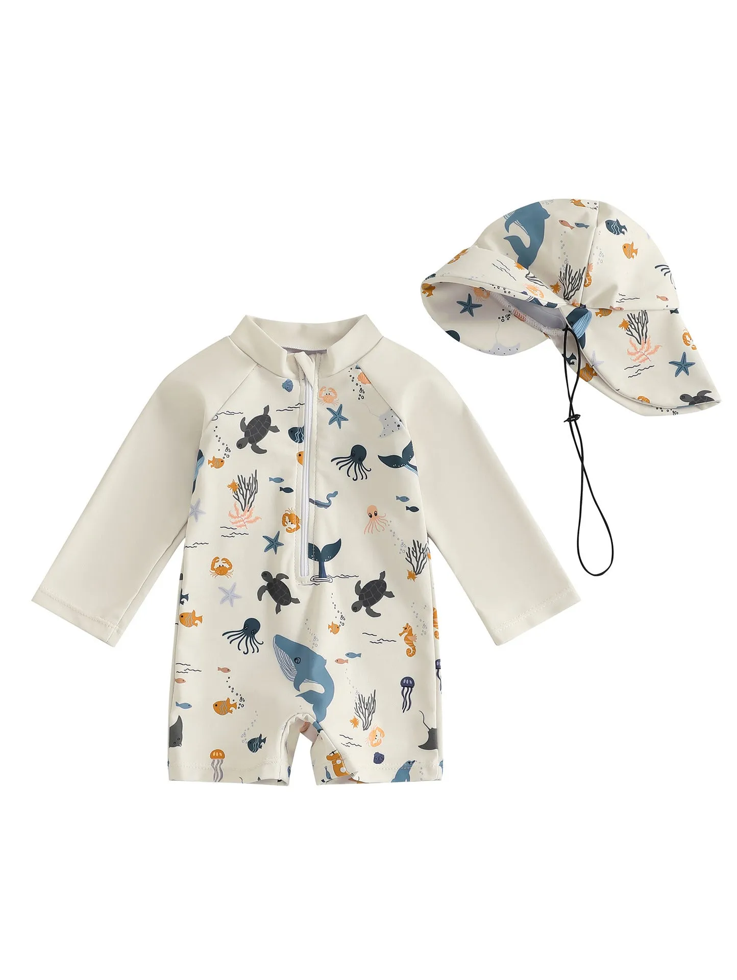 Boys one-piece long sleeve polyester swimsuit with hat in light blue cartoon pattern