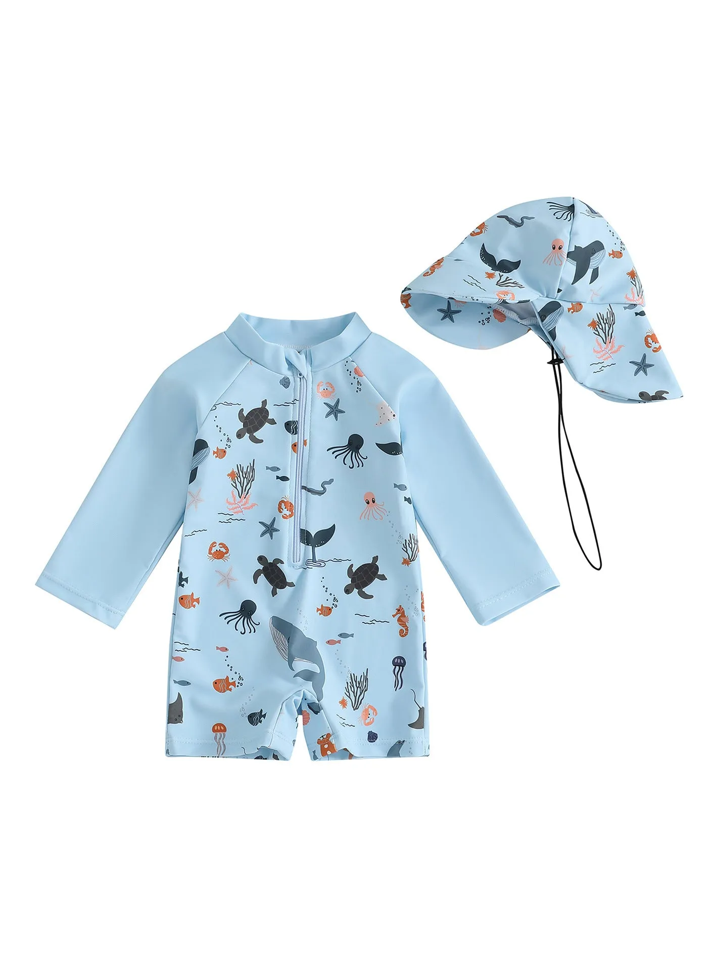 Boys one-piece long sleeve polyester swimsuit with hat in light blue cartoon pattern