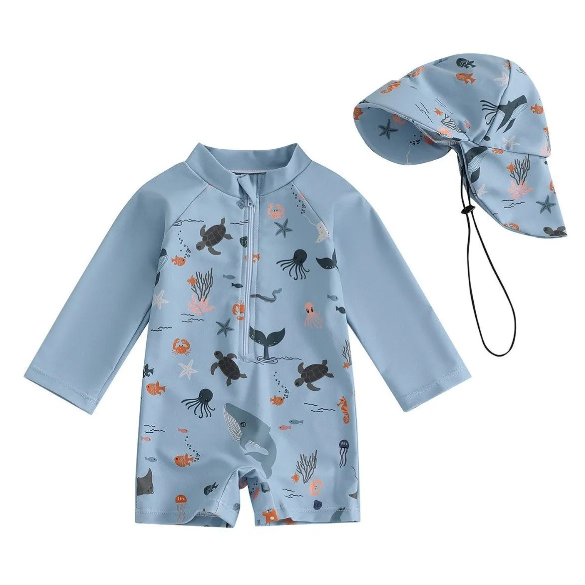 Boys one-piece long sleeve polyester swimsuit with hat in light blue cartoon pattern