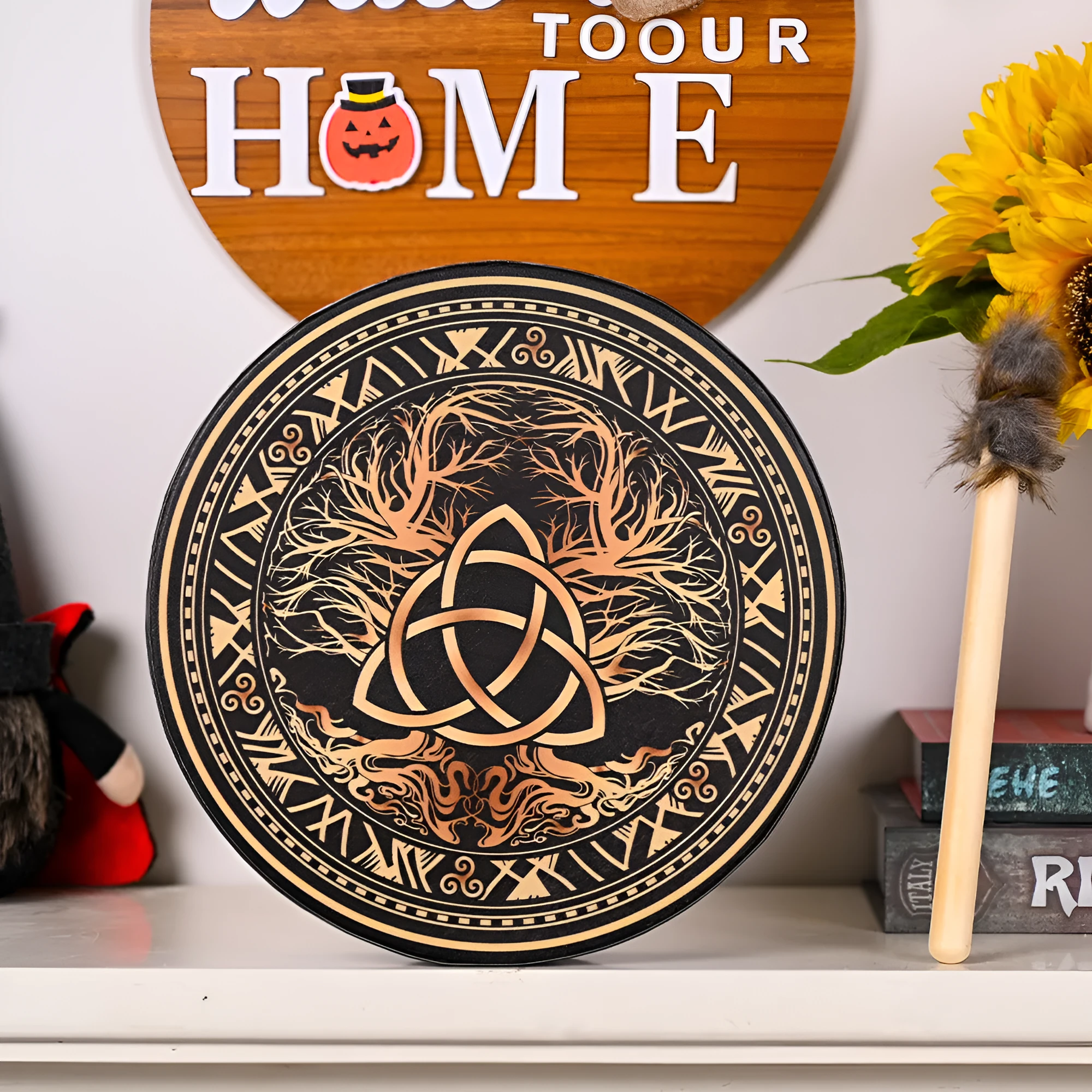 25cm tree of life open drum with drum hammer, half-handmade semi-mechanical national style decorative percussion instrument