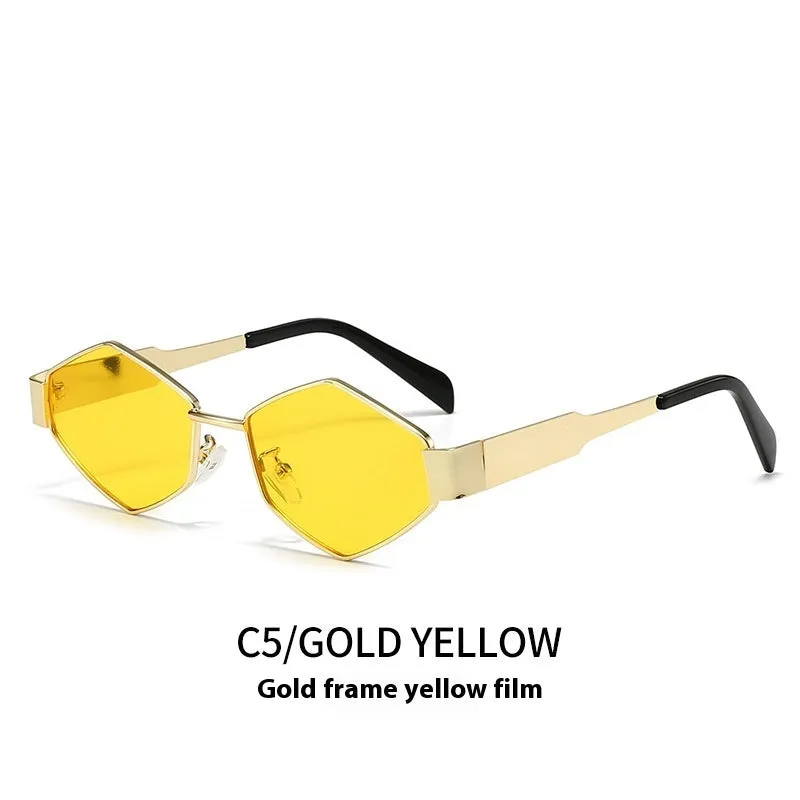 Metal polygon rhombus sunglasses with hexagonal frame in gold and blue lens
