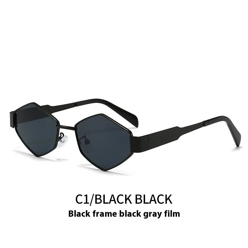 Metal polygon rhombus sunglasses with hexagonal frame in gold and blue lens