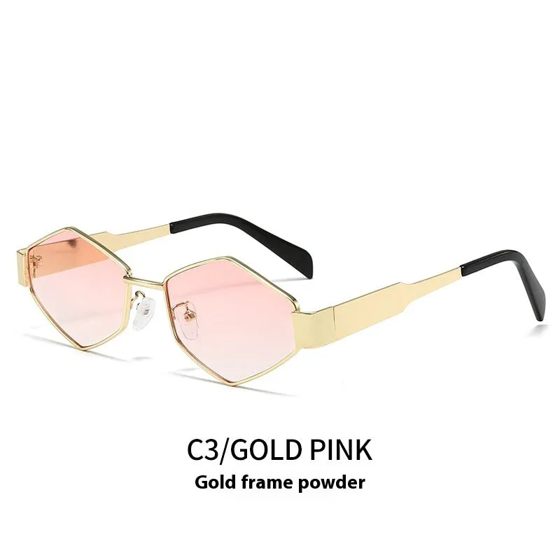 Metal polygon rhombus sunglasses with hexagonal frame in gold and blue lens