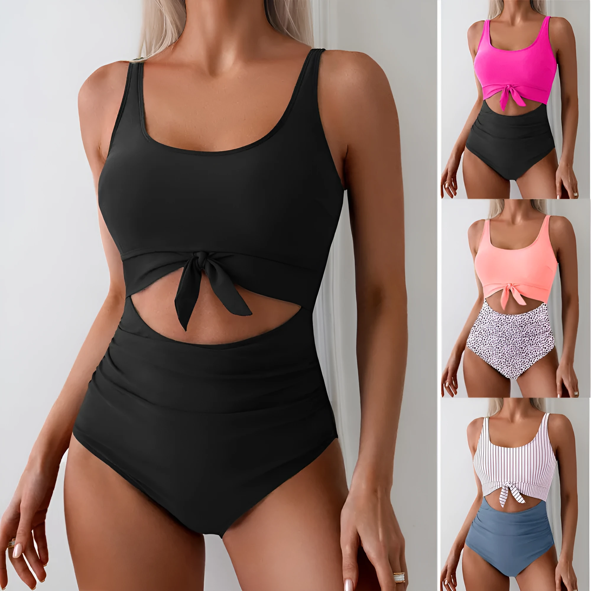 One-piece female swimsuit with contrast colour straps and covered belly in Rose-Red + Black colour option