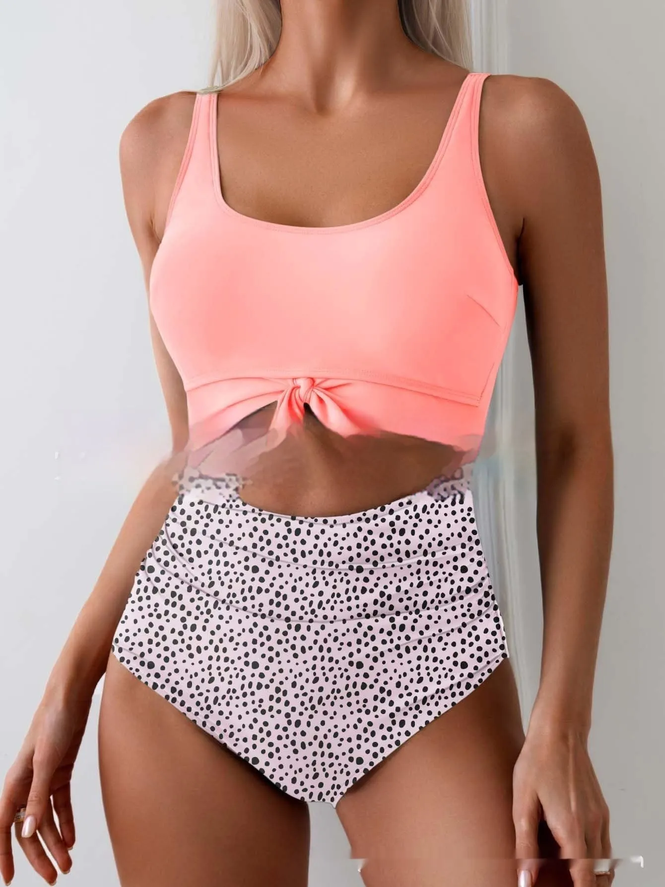 One-piece female swimsuit with contrast colour straps and covered belly in Rose-Red + Black colour option