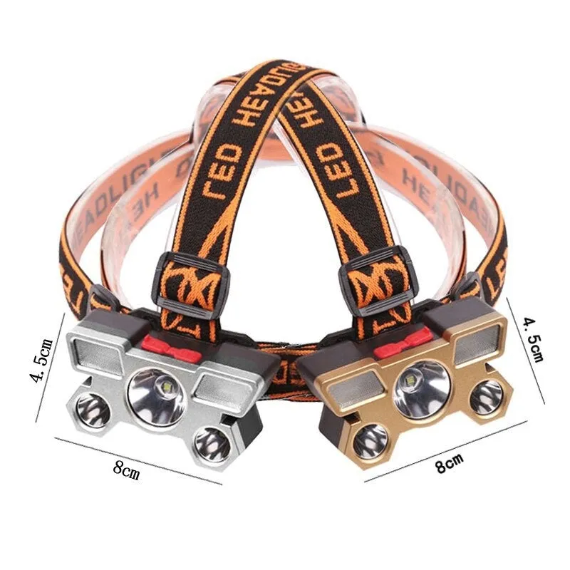 Head-mounted LED miner's lamp with adjustable strap, showing the 10W light unit and included data cable.
