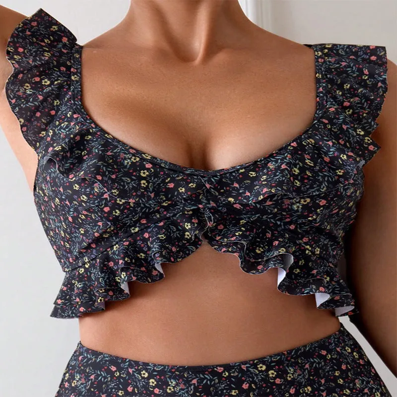 Women's floral flounce split swimsuit set in black floral – backless polyester briefs