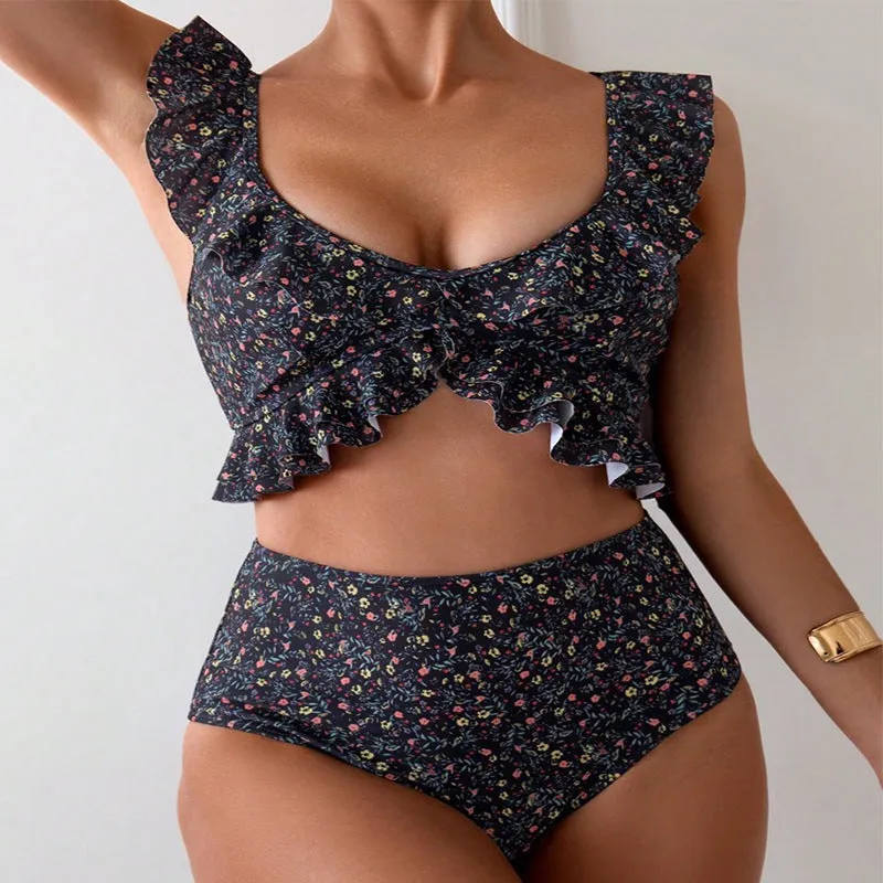 Women's floral flounce split swimsuit set in black floral – backless polyester briefs