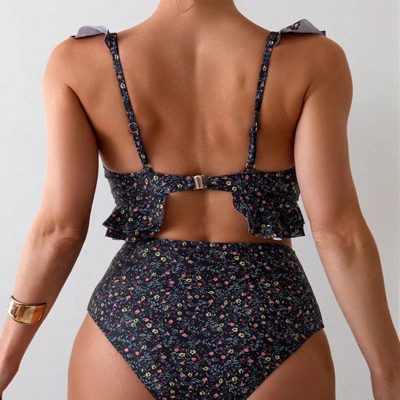Women's floral flounce split swimsuit set in black floral – backless polyester briefs