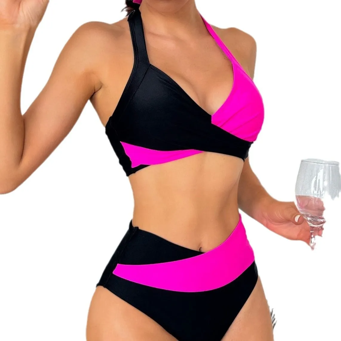 Women's halter colour-block high waist bikini set in black nylon fabric with top and pants