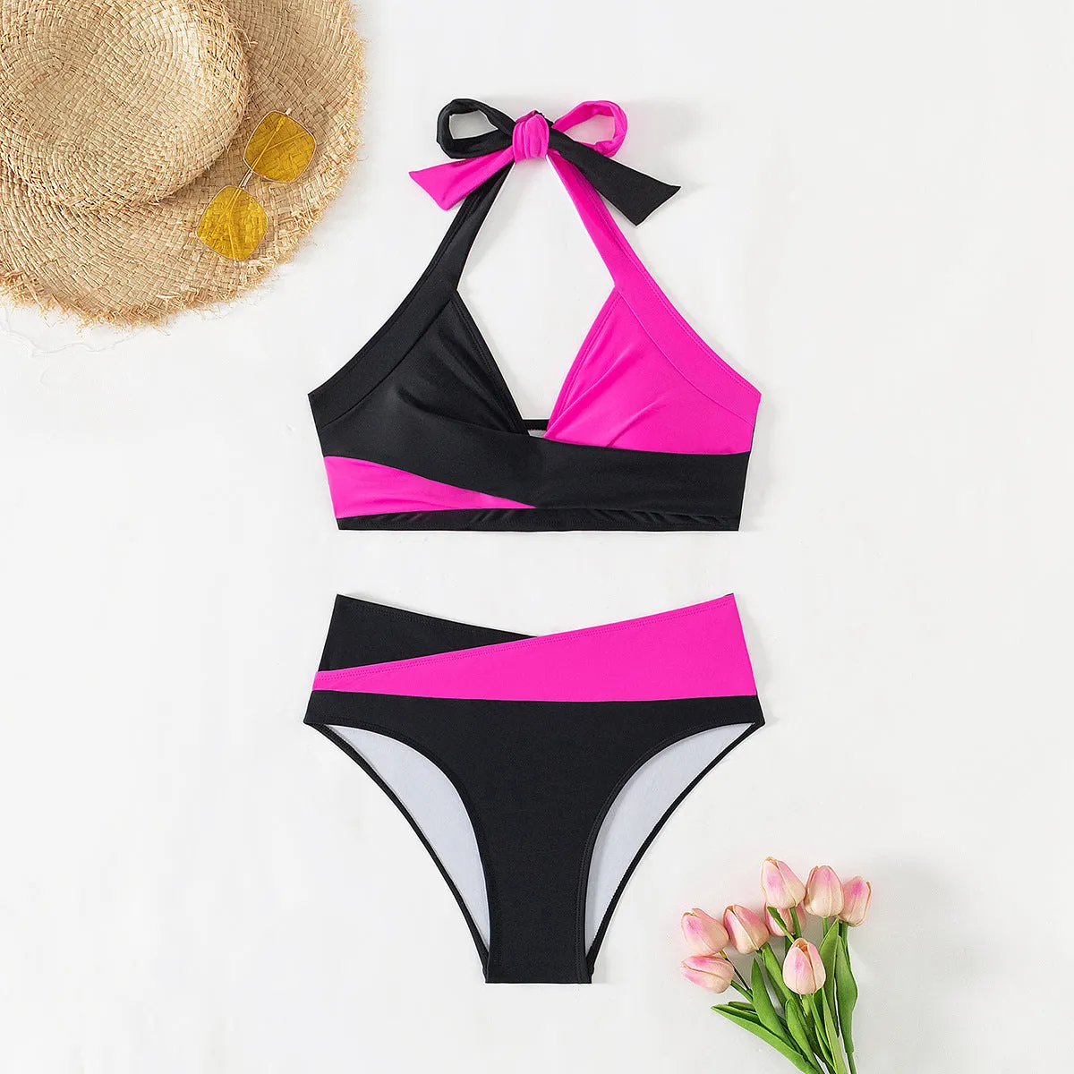 Women's halter colour-block high waist bikini set in black nylon fabric with top and pants