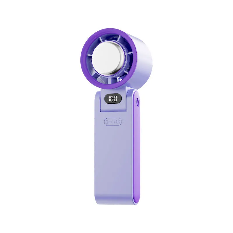 Folding handheld turbine fan with digital display and ice compress in gray, showing halter strap and USB port