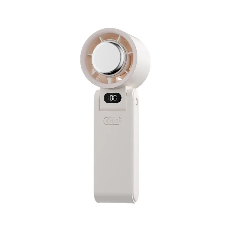 Folding handheld turbine fan with digital display and ice compress in gray, showing halter strap and USB port