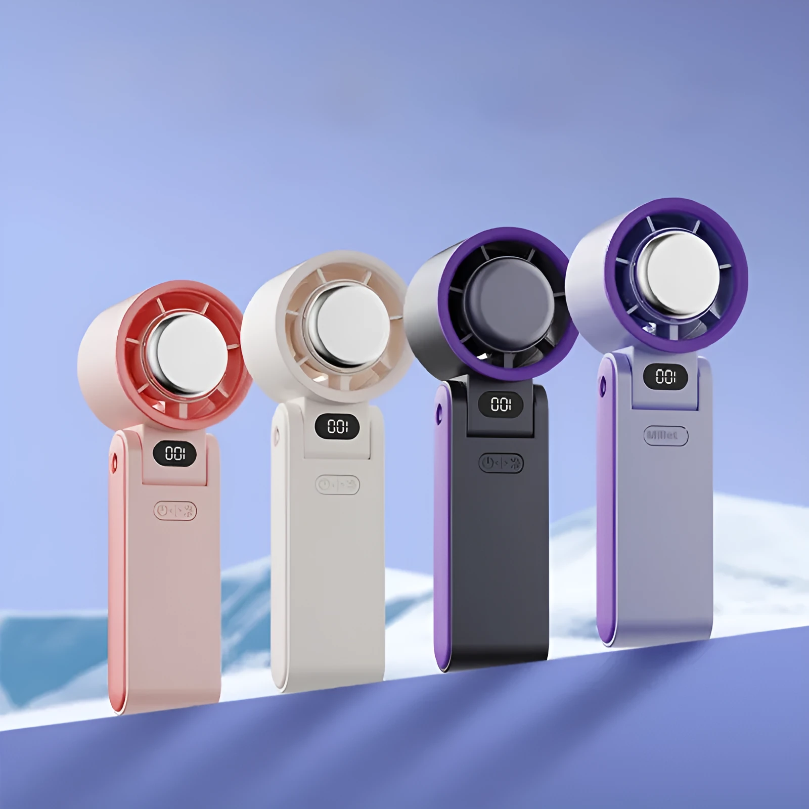 Folding handheld turbine fan with digital display and ice compress in gray, showing halter strap and USB port