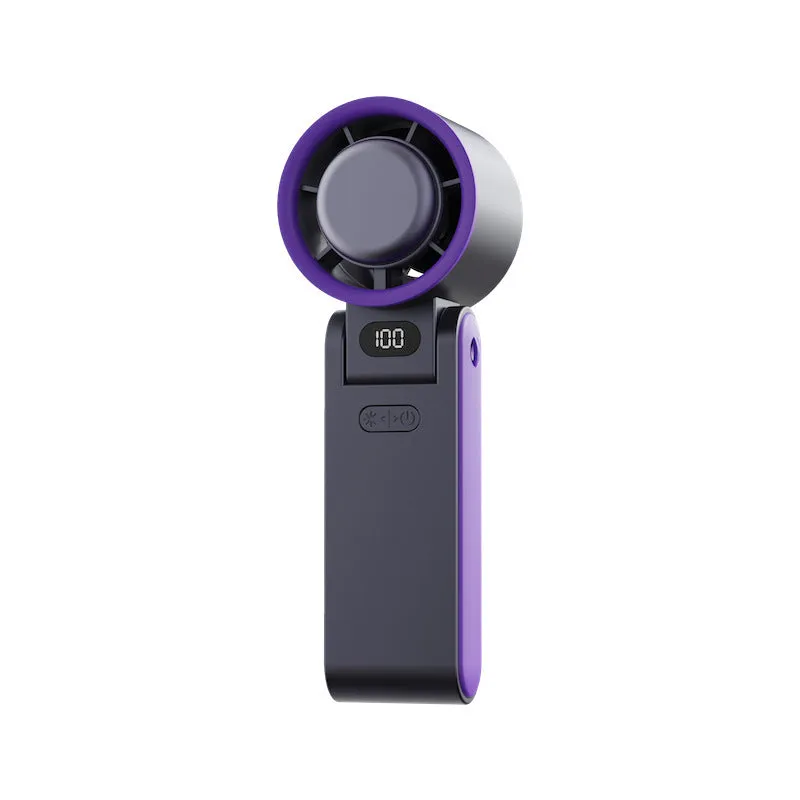 Folding handheld turbine fan with digital display and ice compress in gray, showing halter strap and USB port