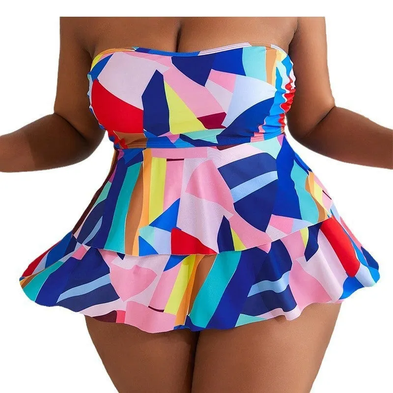 Women's plus size printed tube top swimsuit in pink with matching briefs, polyester fabric, sizes 0XL to 4XL