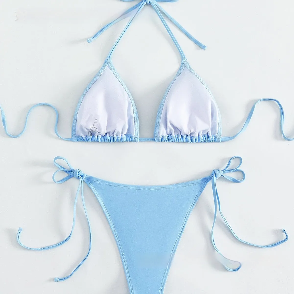 Women's sky blue split bikini swimsuit with Great Diamond pattern, backless, high-elasticity nylon, sizes S M L