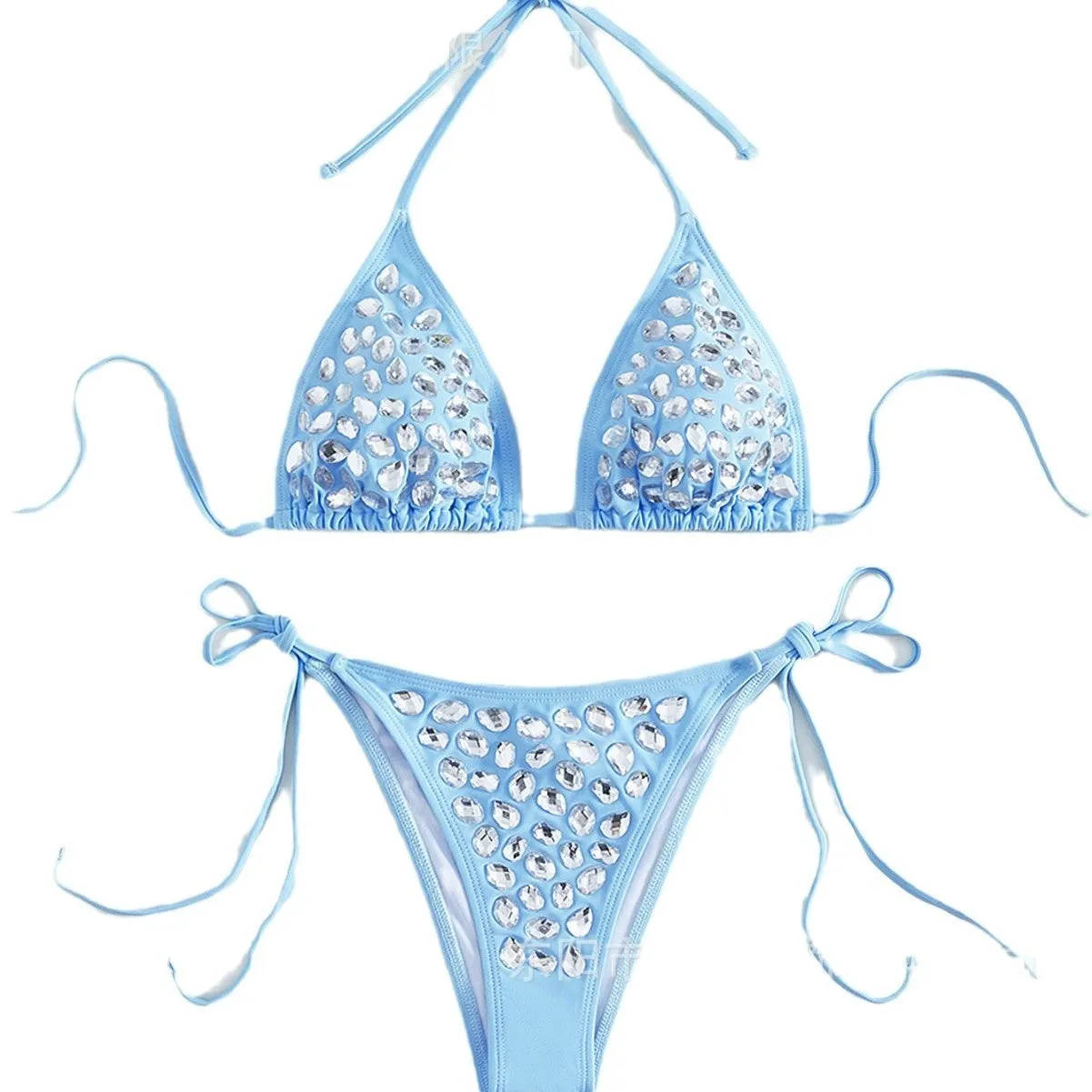 Women's sky blue split bikini swimsuit with Great Diamond pattern, backless, high-elasticity nylon, sizes S M L