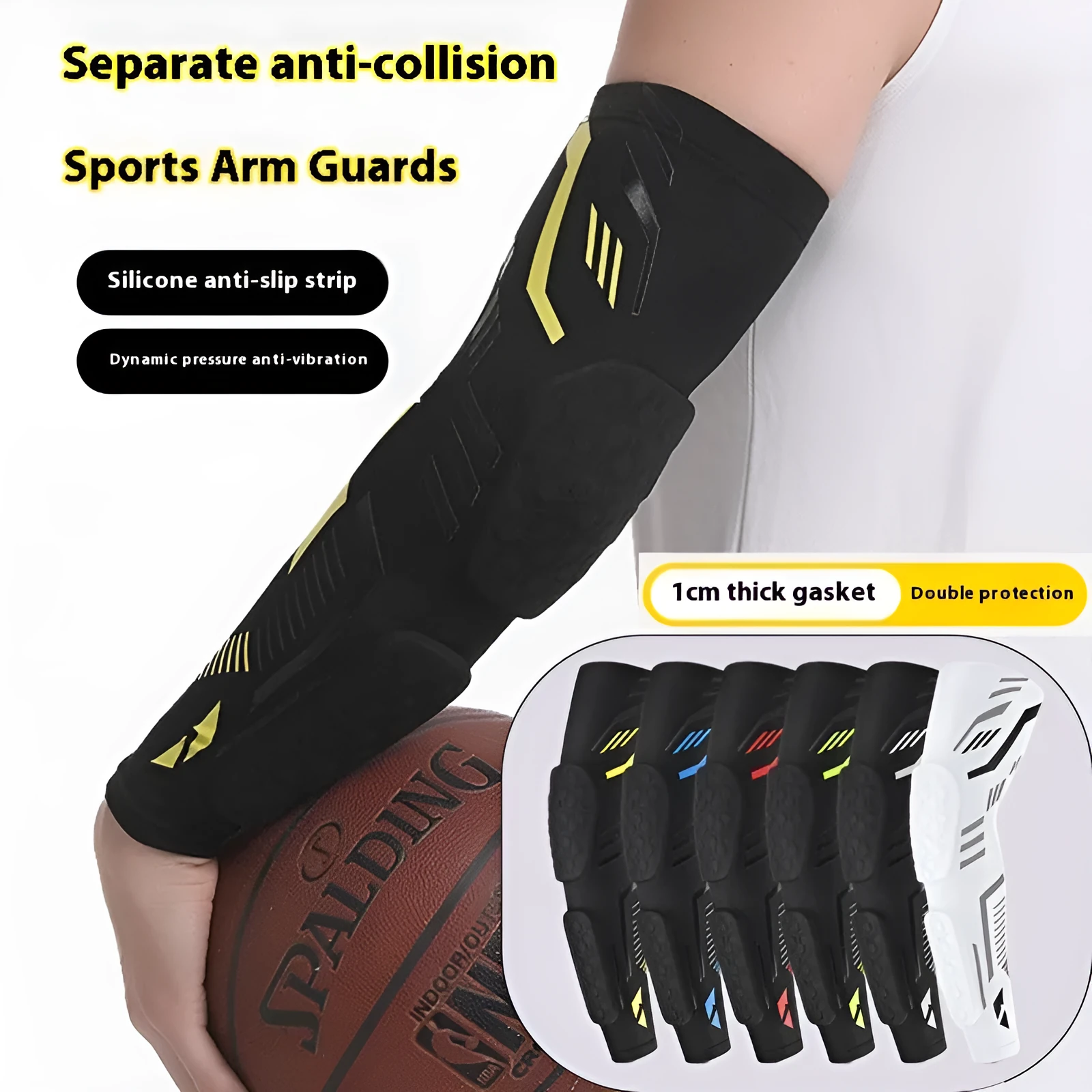 Breathable long training elbow pad for basketball, black and blue design with extended forearm coverage