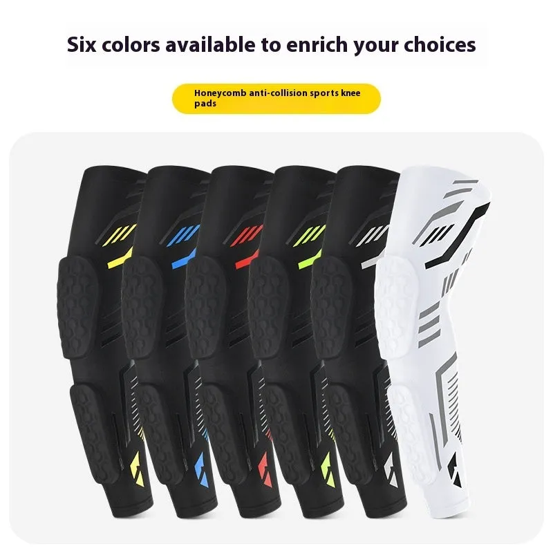 Breathable long training elbow pad for basketball, black and blue design with extended forearm coverage