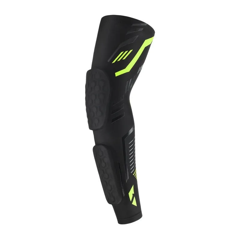 Breathable long training elbow pad for basketball, black and blue design with extended forearm coverage