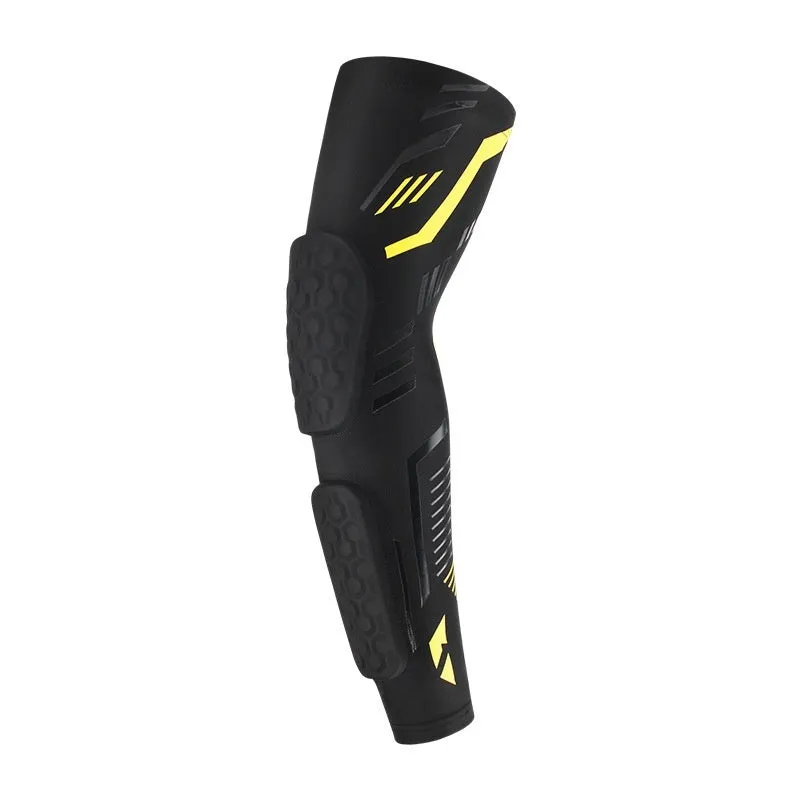 Breathable long training elbow pad for basketball, black and blue design with extended forearm coverage