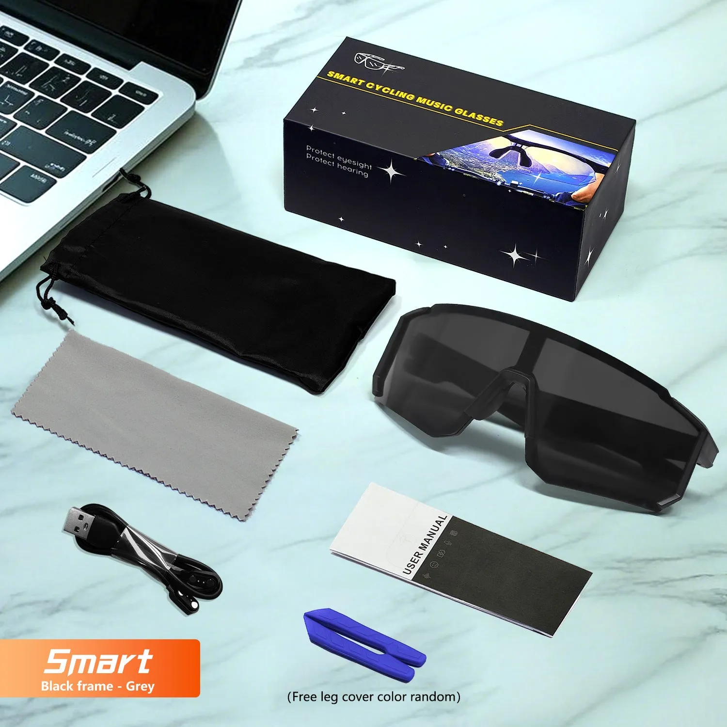 Cycling Bluetooth glasses in black with built-in music audio windproof design PC frame