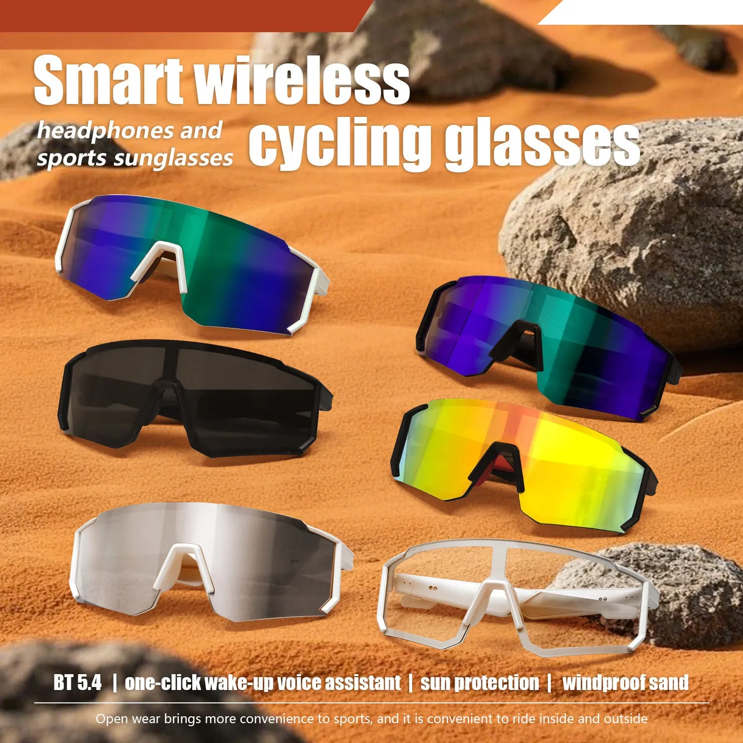 Cycling Bluetooth glasses in black with built-in music audio windproof design PC frame