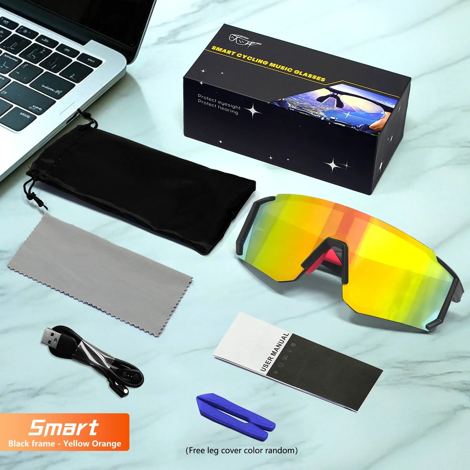 Cycling Bluetooth glasses in black with built-in music audio windproof design PC frame