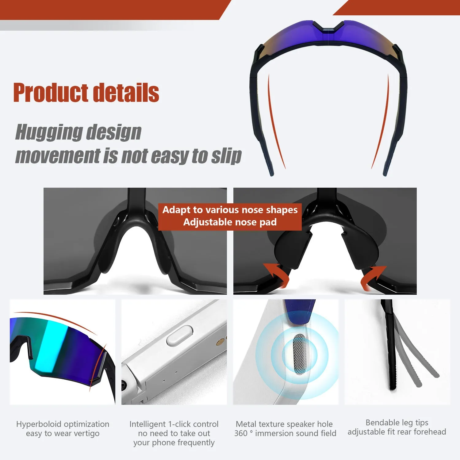 Cycling Bluetooth glasses in black with built-in music audio windproof design PC frame
