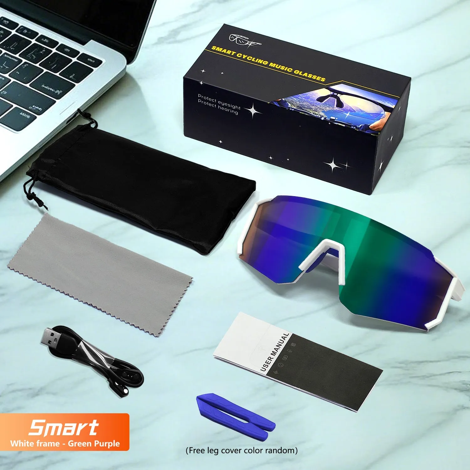 Cycling Bluetooth glasses in black with built-in music audio windproof design PC frame
