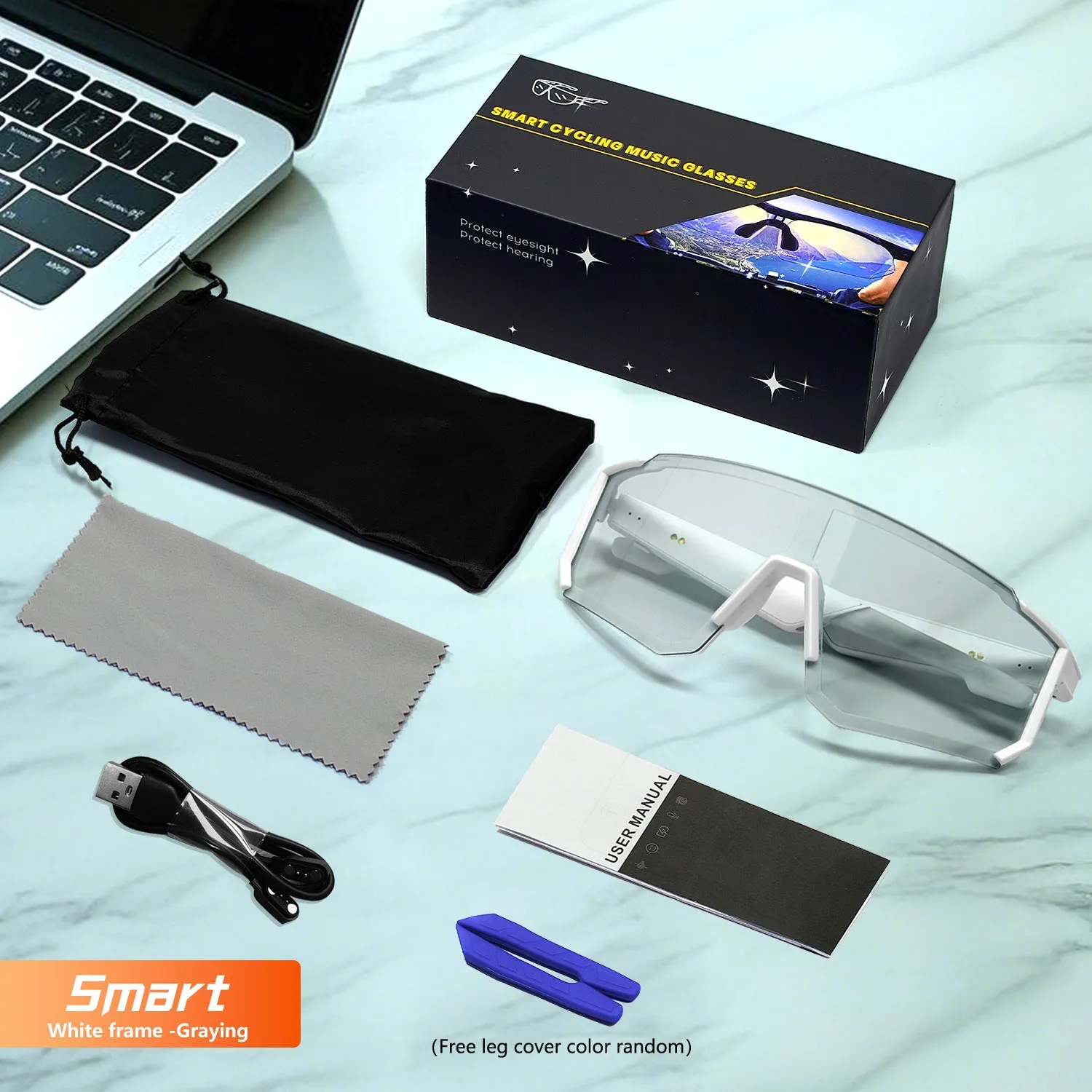 Cycling Bluetooth glasses in black with built-in music audio windproof design PC frame
