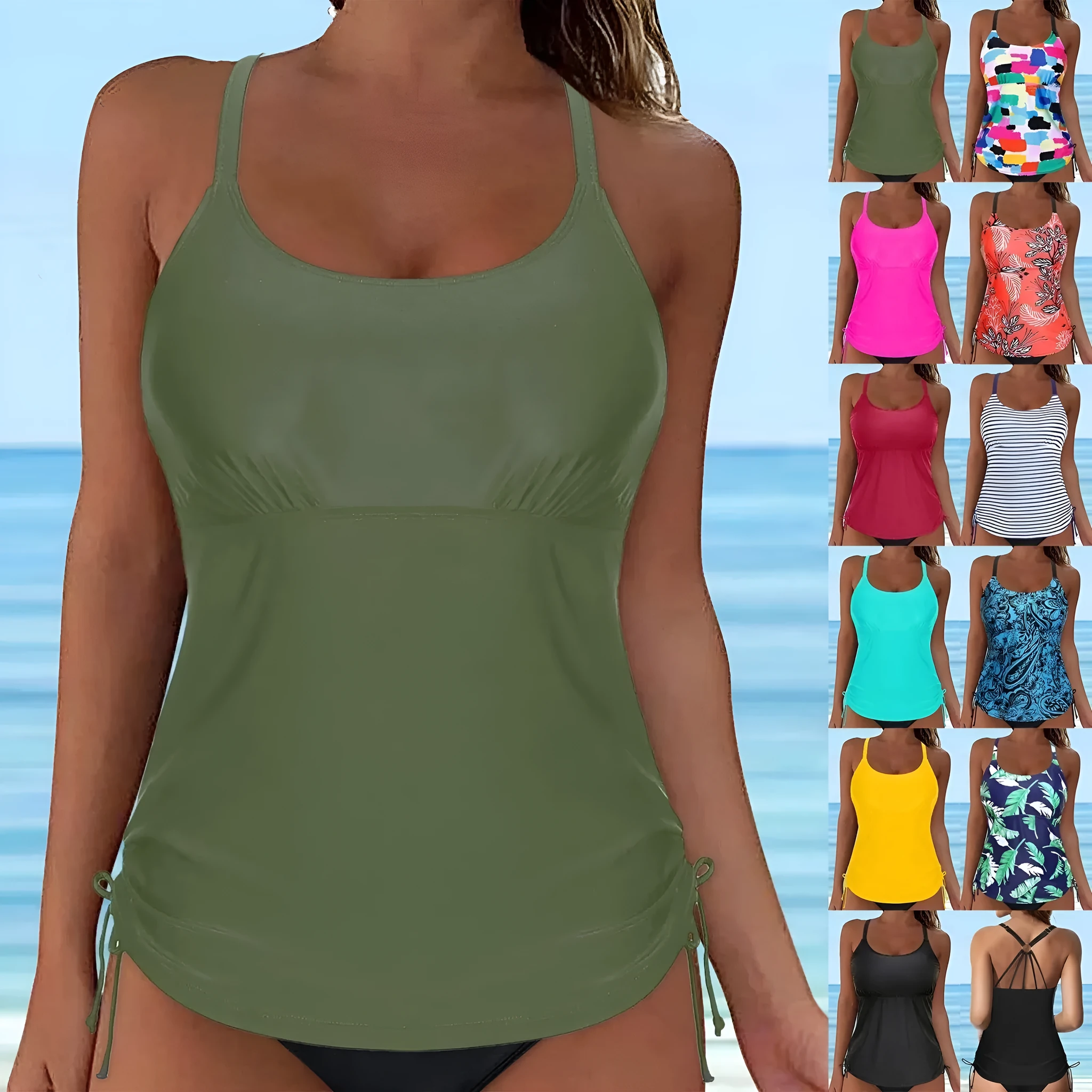 One-piece swimsuit with round neck in army green colour, conservative vest style for women