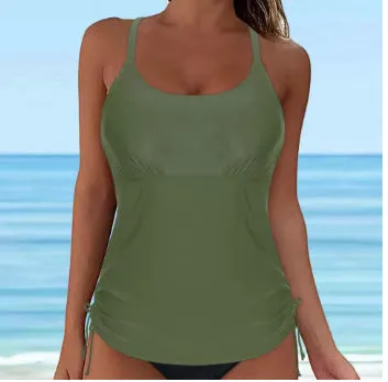 One-piece swimsuit with round neck in army green colour, conservative vest style for women