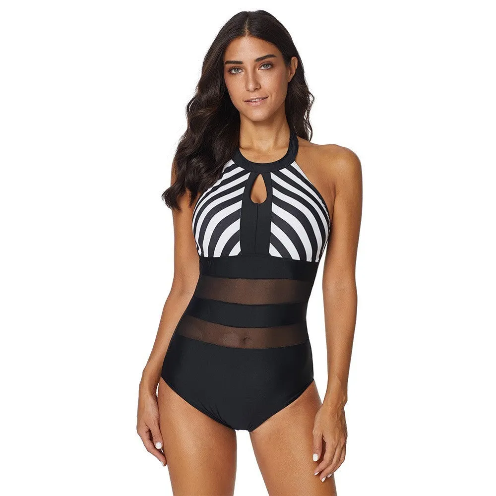 Plus size black backless one-piece swimsuit with striped stitching for women, polyester fabric