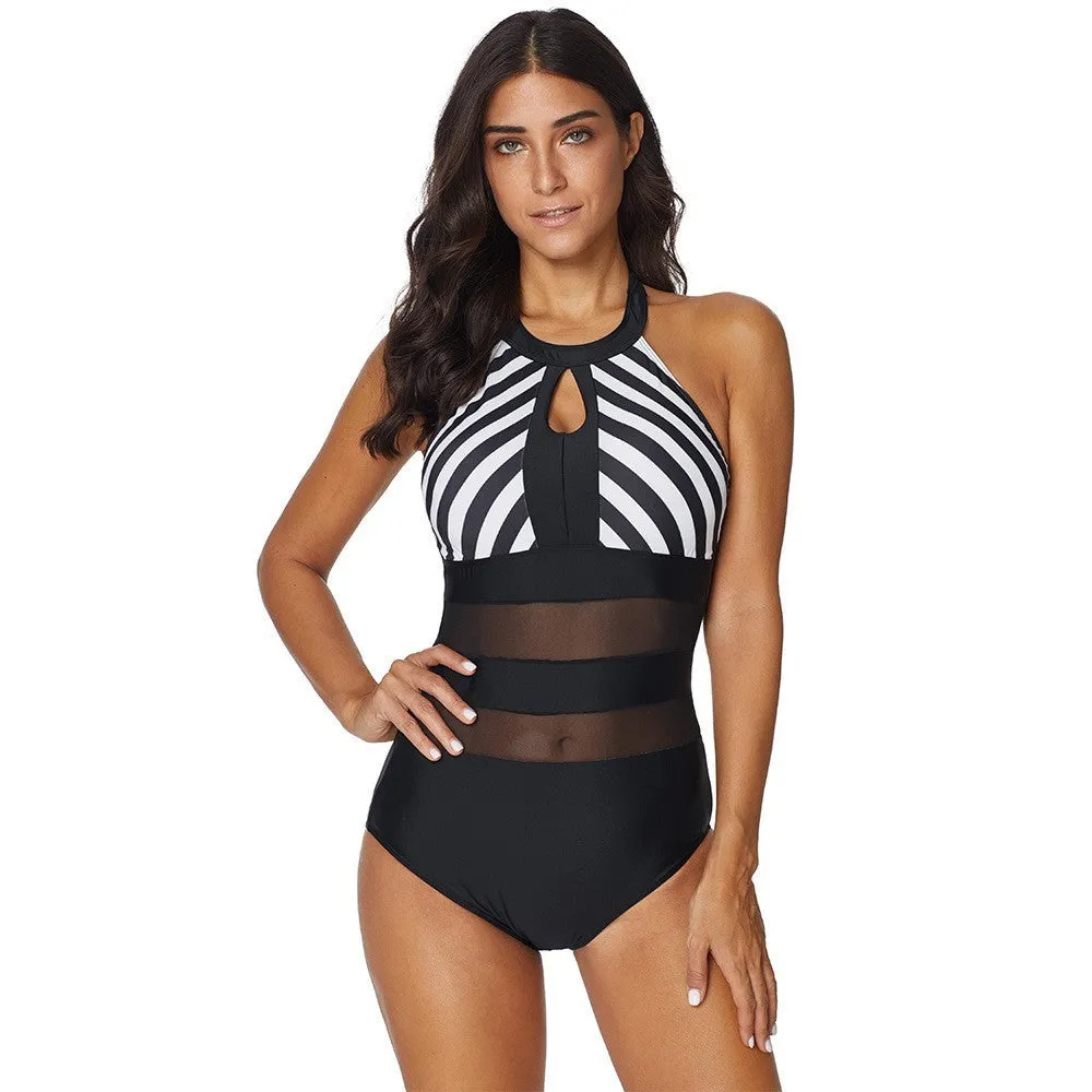 Plus size black backless one-piece swimsuit with striped stitching for women, polyester fabric